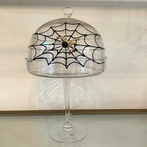 Gorgeous Halloween Glass Cloche 15in Jeweled Spider on Web Cake Dome Pedestal